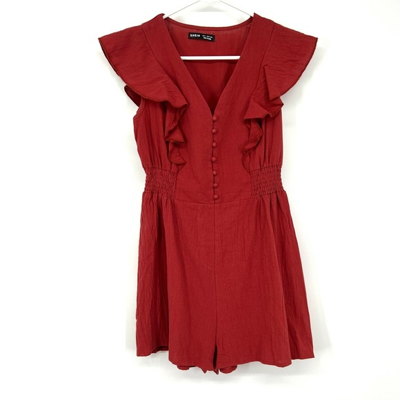 SHEIN Pants - SHEIN Romper Womens Size Small US4 Red Orange V Neck Button Down Ruffle